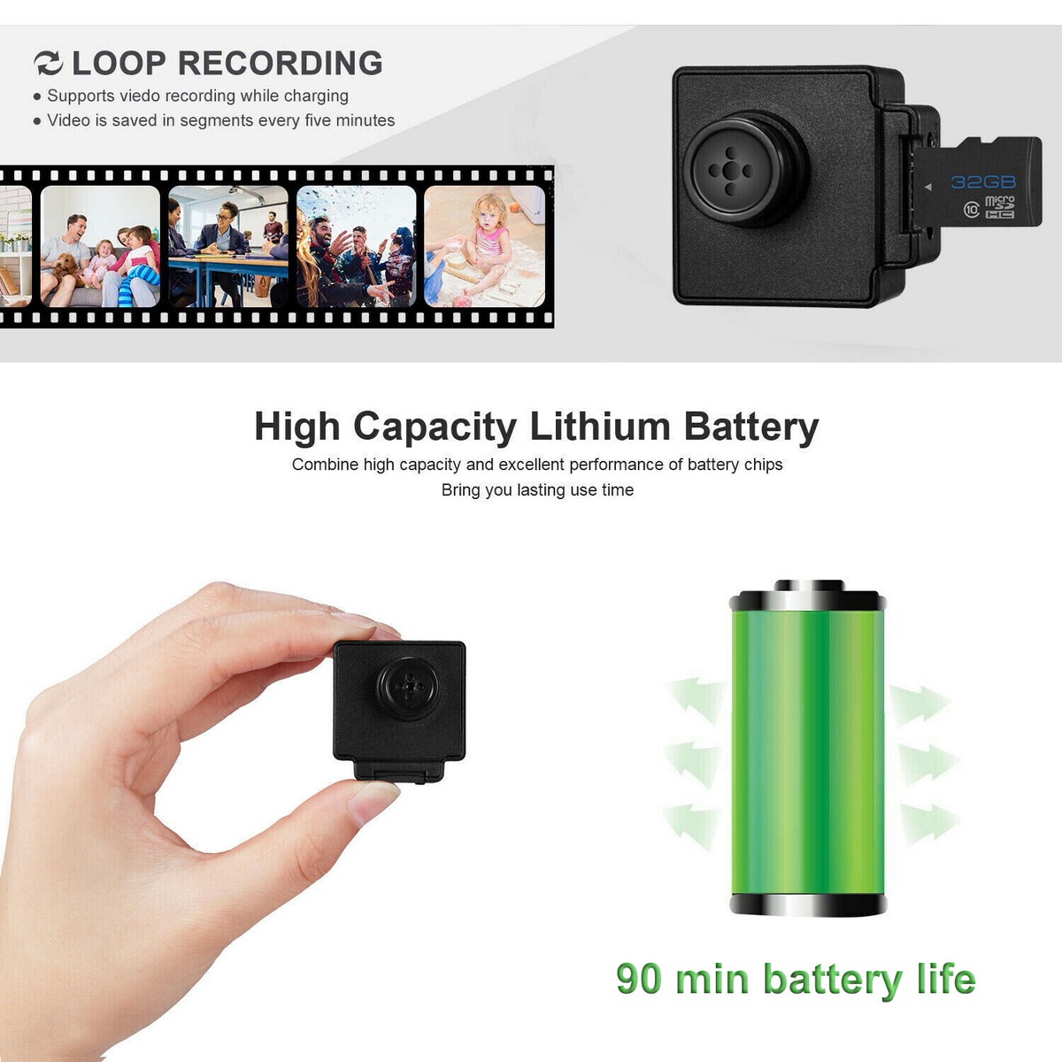 mini camera sa isang pindutan - pag-record sa isang loop