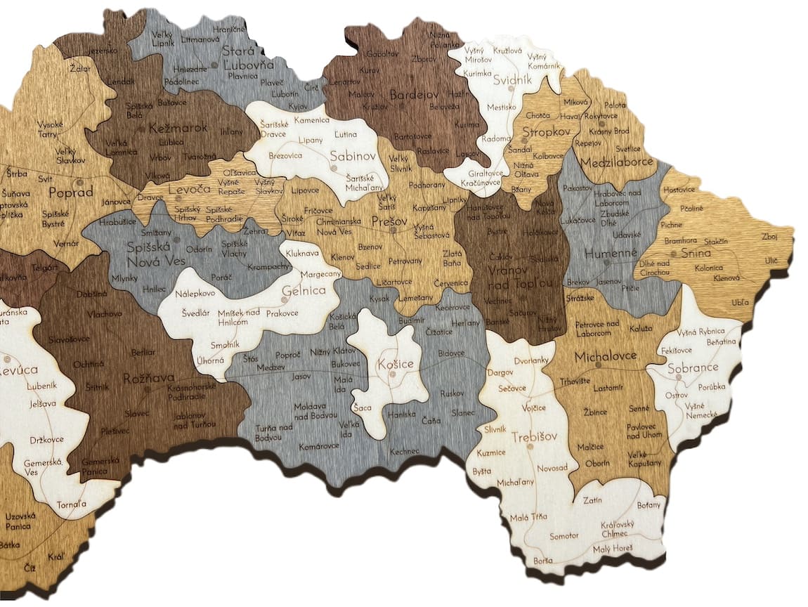 Wall map ng Slovakia, lungsod, bayan, nayon, 3D wall map